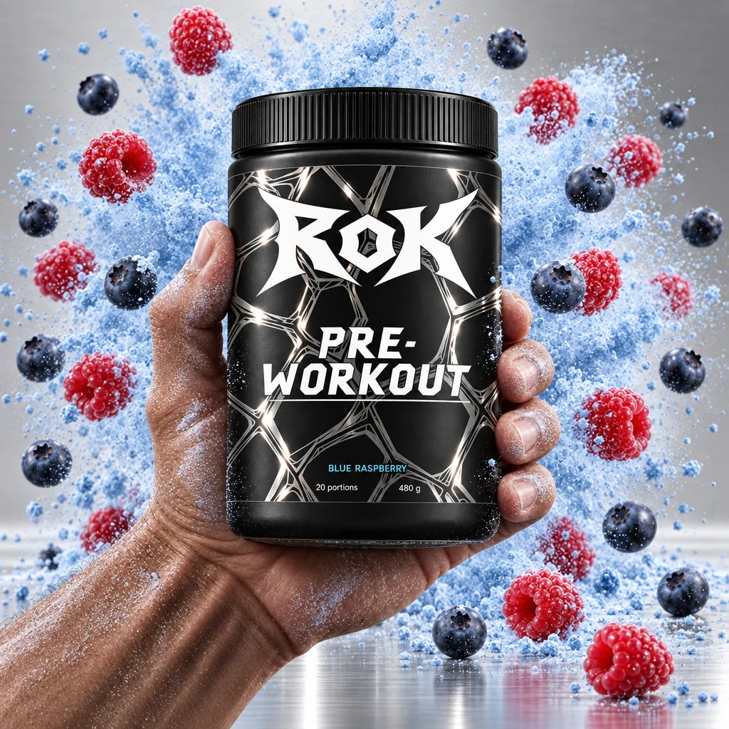 An athlete’s hand holding the ROK tub, blue powder and berries around