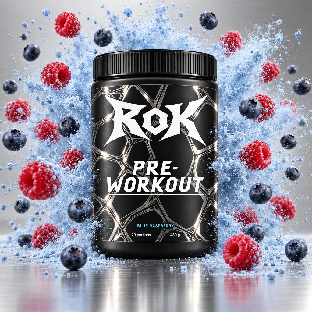 ROK Blue raspberry Pre-workout tub in front of a blue powder cloud, raspberries and blueberries