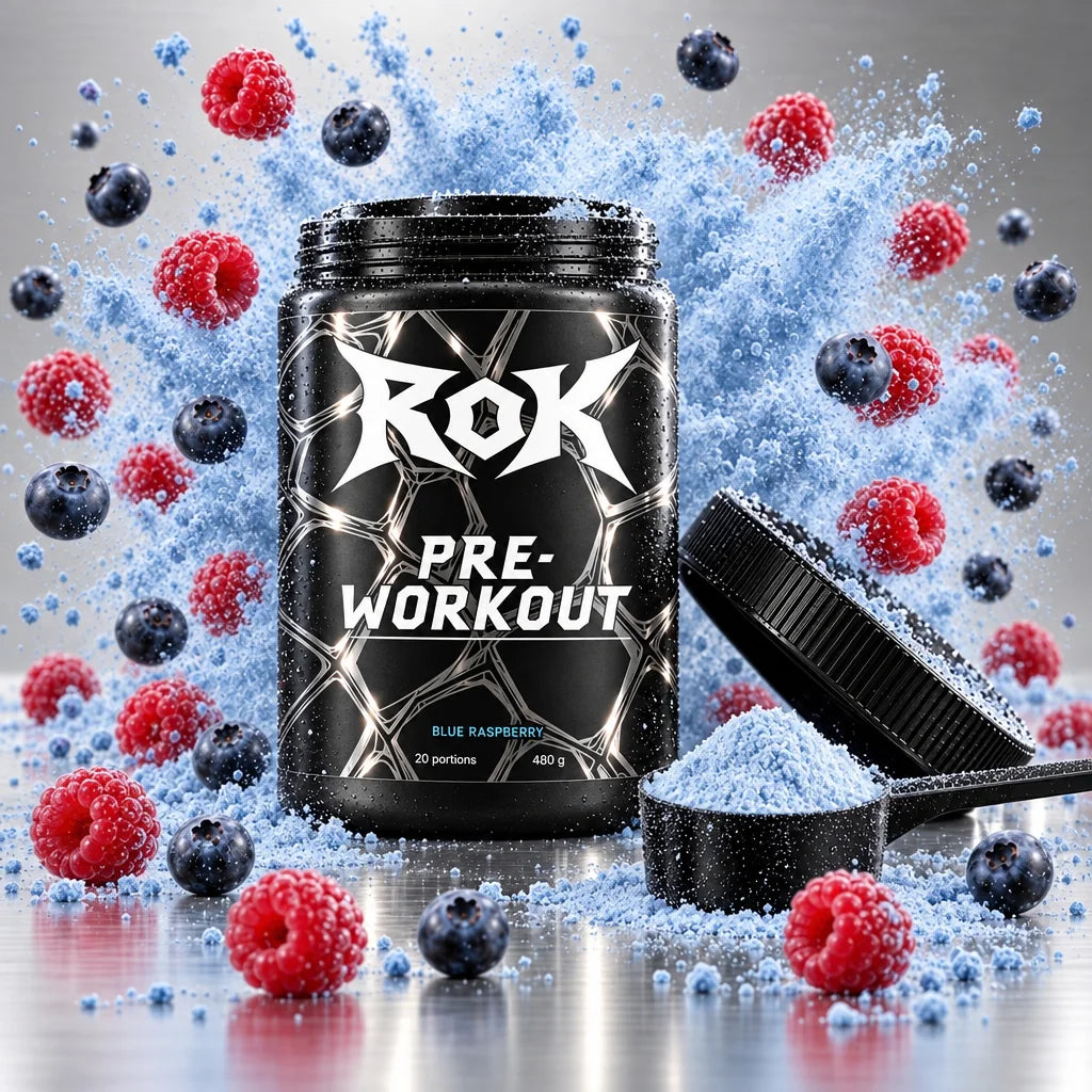 Open ROK tub and a scoop of blue powder, raspberries and blueberries