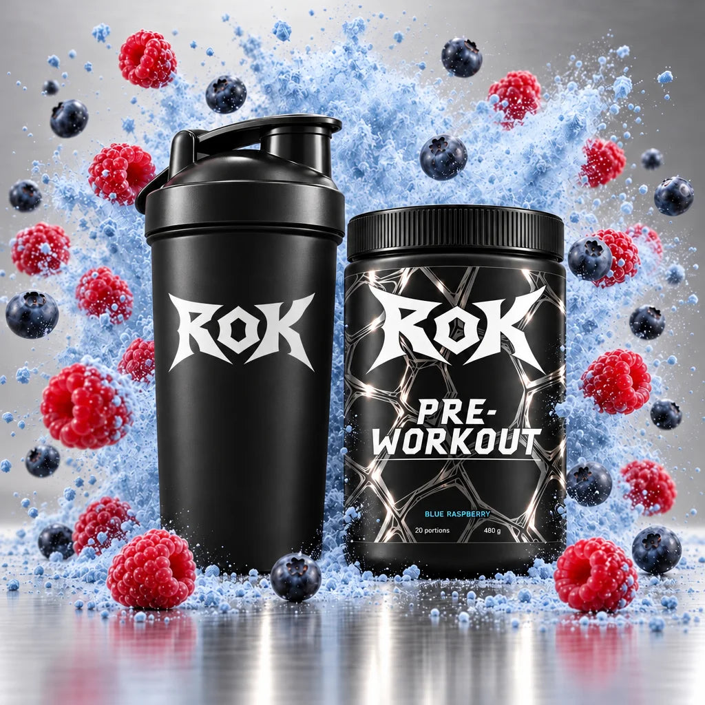 Black shaker and ROK tub in front of a blue powder cloud and berries