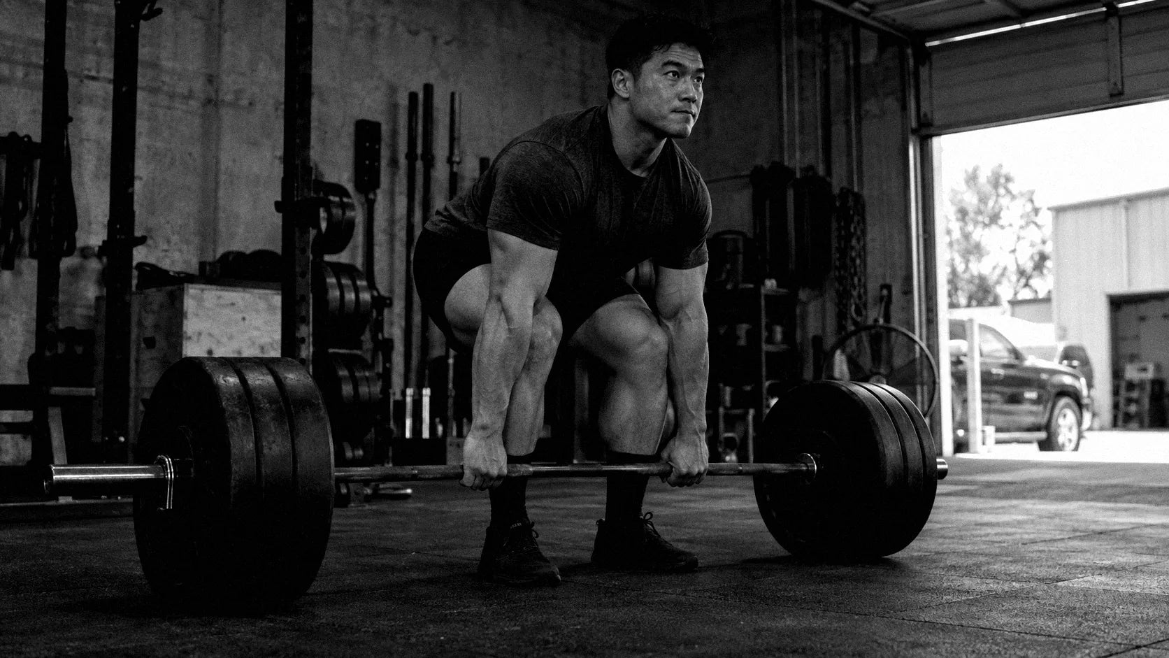 Pratiquant en position de deadlift devant une barre chargée