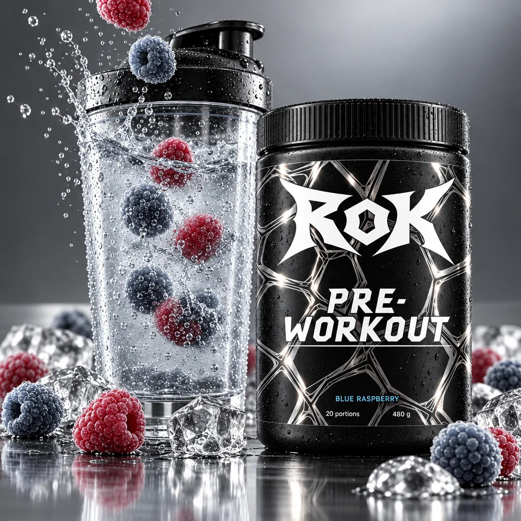 Shaker d’eau glacée et framboises, pot ROK à côté